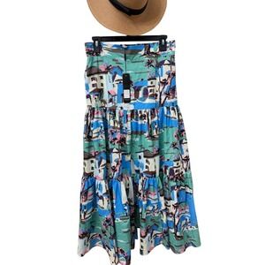Beulah Style Blue and Green Maxi Skirt sz L Tiered Village Scenery Vacation Itay